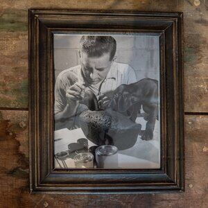 Pressed cork duck decoy and GSP Puppy, 1954 Framed Press Photo, Duck Hunting